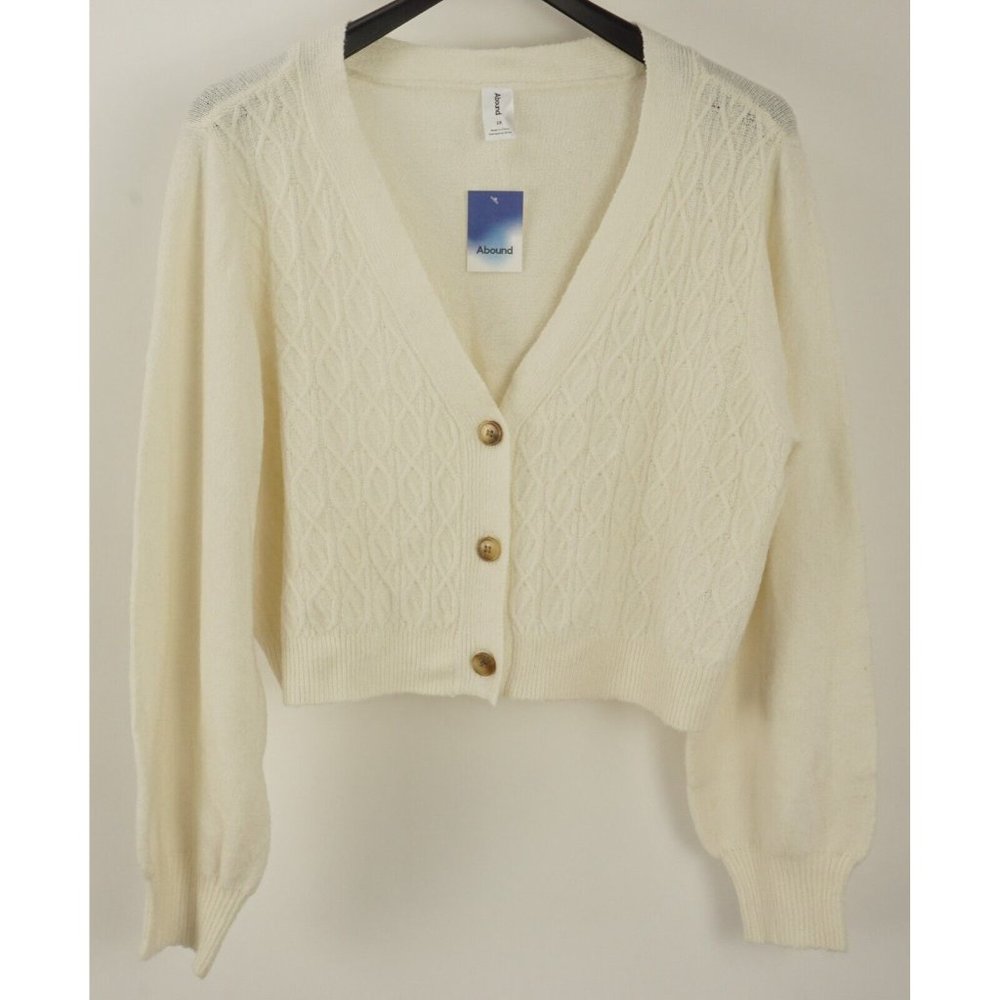New Abound Womens Size 2X Ivory Balloon Sleeve V-Neck Geometric Cardigan Sweater